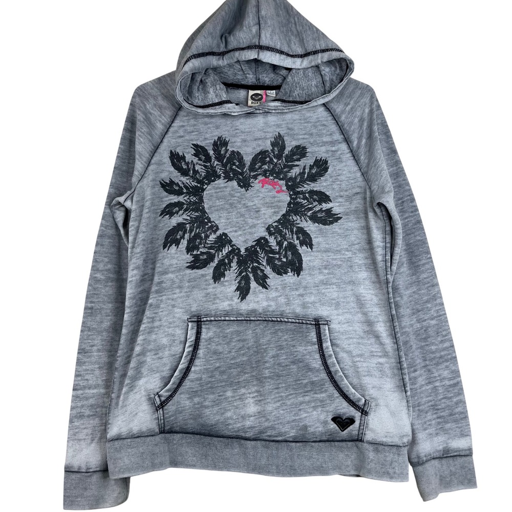 Roxy Hoodie Womens Large Gray Burnout Feather Heart Graphic Sweatshirt YY474415T